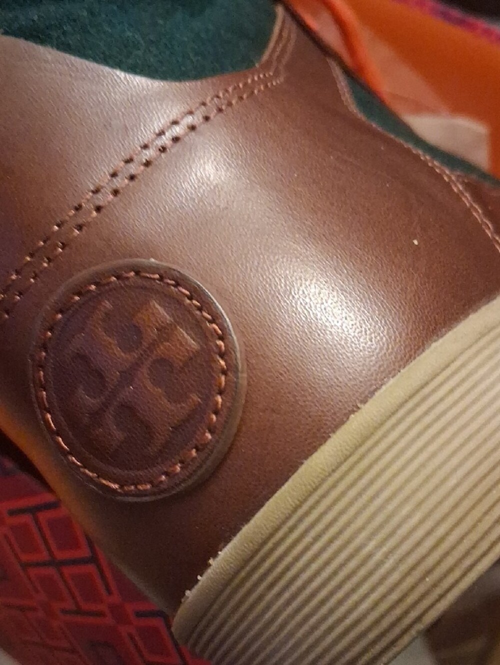 Tory Burch Forest Green and Orange Leather-Trim High-Top Sneakers - Picture 2 of 5